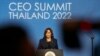 美国副总统卡马拉·哈里斯于2022年11月18日在曼谷举行的亚太经济合作组织首席执行官峰会上发表讲话。