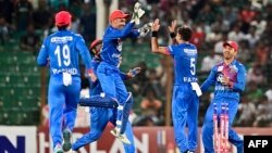 চট্টগ্রামের জহুর আহমেদ চৌধুরী স্টেডিয়ামে বাংলাদেশ ও আফগানিস্তানের মধ্যকার দ্বিতীয় একদিনের আন্তর্জাতিক (ওডিআই) ক্রিকেট ম্যাচে বাংলাদেশের মোহাম্মদ নাঈমকে (ছবিতে নেই) আউট করার পর, আফগানিস্তানের সতীর্থদের সাথে ফজল হক ফারুকীর উল্লাস। ৮ জুলাই, ২০২৩। 