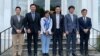 “台美国会议员联谊会”代表团在华盛顿双橡园合照，左起何志偉、江啟臣、劉世芳、陳以信、蔡適應及鄭正鈐。(2023年7月14日，美国之音锺辰芳拍摄）