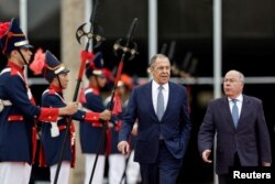 Russia's Foreign Minister Sergey Lavrov leaves after a meeting with Brazil's Foreign Minister Mauro Vieira in Brasilia, Brazil, April 17, 2023.