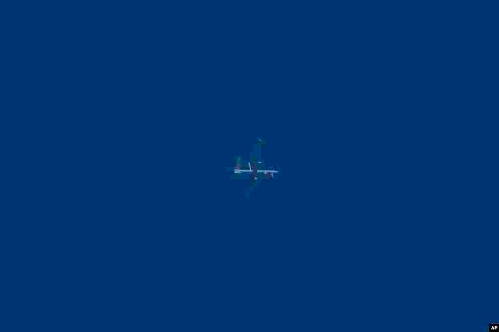 An Israeli military Air Force unmanned drone flies over Israel, April 14, 2024.&nbsp; Israel has hailed the success of its defenses in the face of an unprecedented attack by Iran. Officials said that Israel and its allies have intercepted 99% of more than 300 drones and missiles launched toward its territory and sustained little damage.&nbsp;