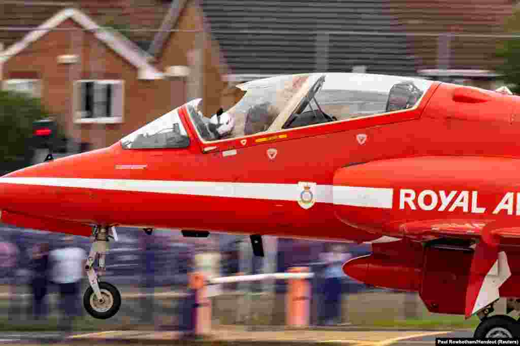 A damaged RAF Red Arrow jet is seen after being hit by a bird at the Rhyl Air Show in Flintshire, Wales, Britain.