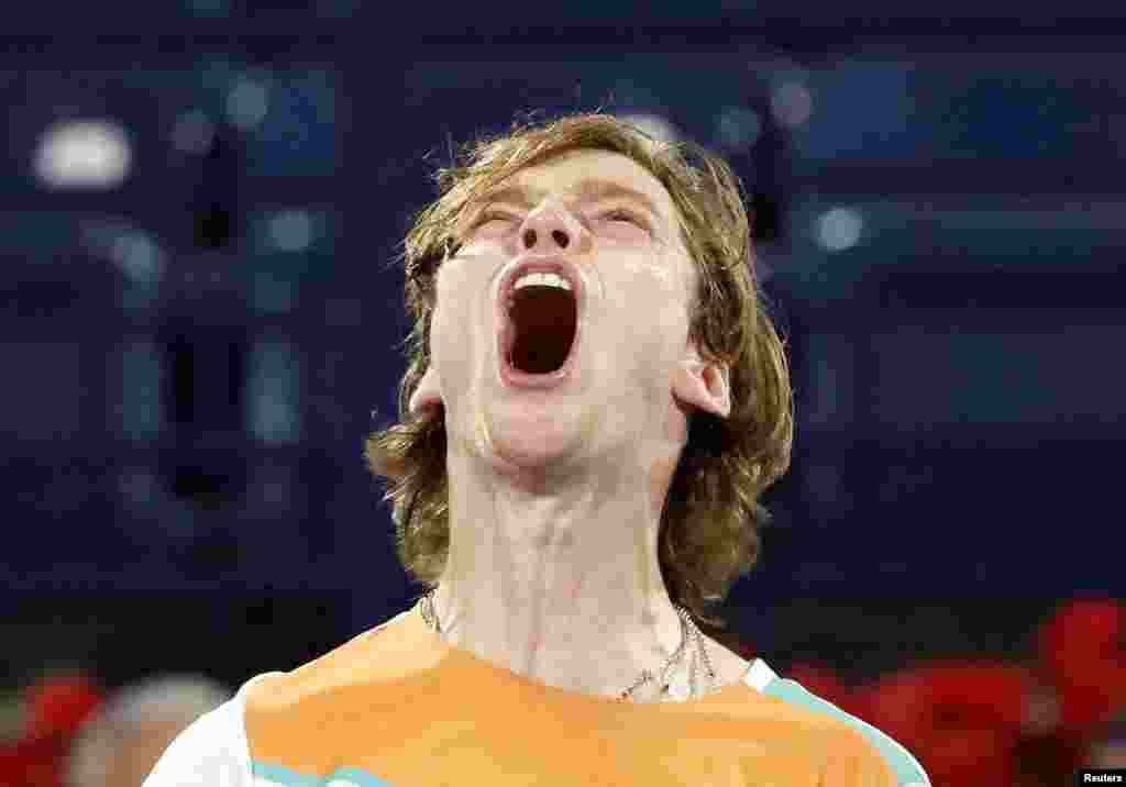 Russia&#39;s Andrey Rublev celebrates winning his semi-final match against Poland&#39;s Hubert Hurkacz, at the Dubai Tennis Championships in Dubai, United Arab Emirates.