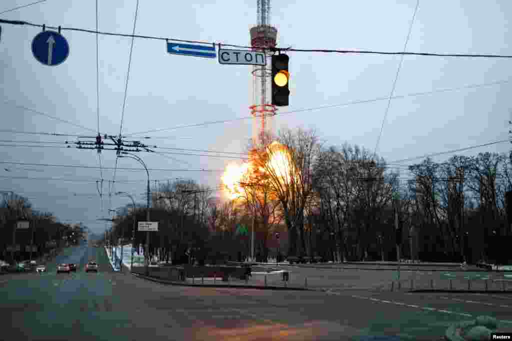 A blast can be seen within the TV tower as Russia&#39;s invasion of Ukraine, in Kyiv continues.