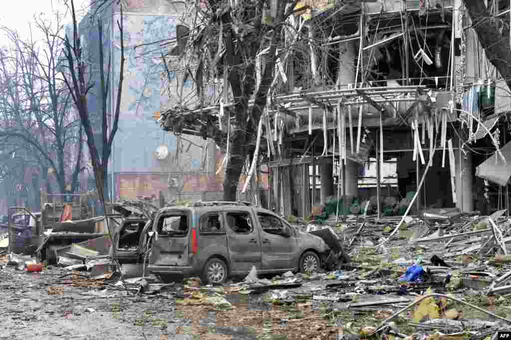 The remainder of a destroyed building can be seen after shelling by Russian forces in Ukraine&#39;s second-largest city of Kharkiv.