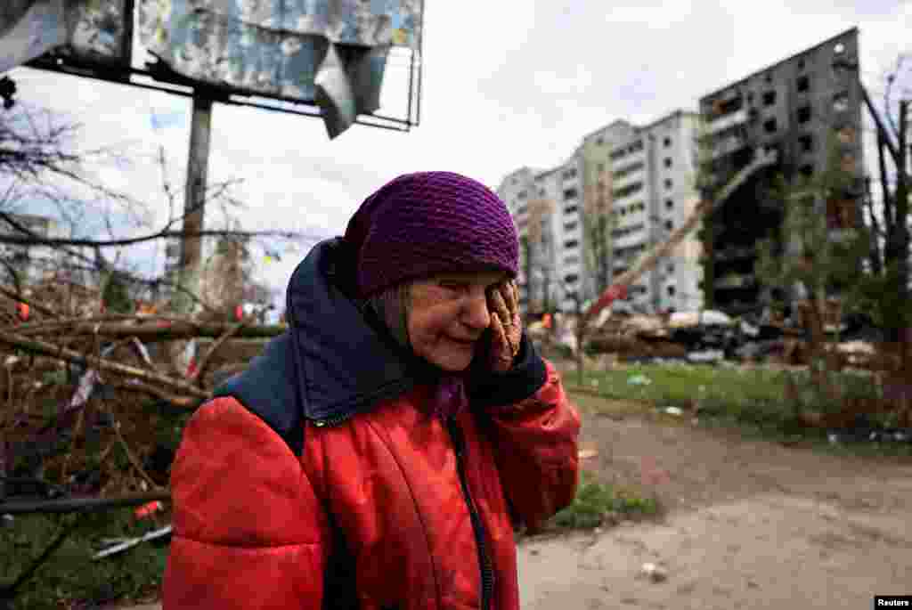 Zinaida Makishaiva, 82, reacts as she recounts how Russian soldiers treated her in Borodyanka, Kyiv region, Ukraine.&nbsp;Zinaida said Russian soldiers came to her house and told her to go to the basement. She said soldiers started to shoot around her to scare her. &quot;God saved my life,&quot; she said.