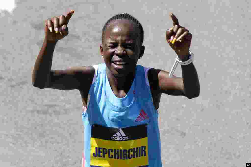 Peres Jepchirchir of Kenya reacts after winning the women&#39;s division of the Boston Marathon in Boston, Massachusetts.
