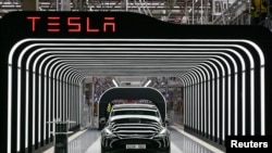 In this file photo, Model Y cars are shown during the opening ceremony of the new Tesla Gigafactory for electric cars in Gruenheide, Germany, March 22, 2022. (Patrick Pleul/Pool via REUTERS)