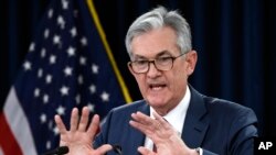 FILE - Federal Reserve Chairman Jerome Powell speaks during a news conference in Washington, Oct. 30, 2019.