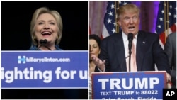 From left, Democratic U.S. presidential candidate Hillary Clinton speaks at a rally in West Palm Beach, Florida, while Republican presidential candidate Donald Trump speaks to supporters in Palm Beach, March 15, 2016.