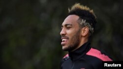 L'attaquant gabonais d'Arsenal, Pierre-Emerick Aubameyang, sur le terrain d'Arsenal à Londres, le 4 avril 2018