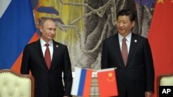 (俄罗斯总统普京和中国国家主席习近平2014年5月在上海的一个签字仪式上)