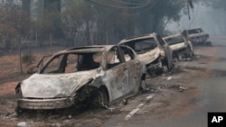 FILE - The burned out hulks of cars abandoned by their drivers sit along a road in Paradise, Calif., Nov. 9, 2018. 