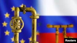 Illustration shows natural gas pipeline, EU and Russia flags