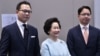 左起：香港立法会议员郭荣铿、前政务司司长陈方安生、立法会议员莫乃光2019年4月2日共同召开记者会总结访美行程。 (美国之音汤惠芸摄)