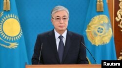 Kazakh President Kassym-Jomart Tokayev speaks during a televised address to the nation following the protests triggered by fuel price increase in Nur-Sultan, Kazakhstan, Jan. 7, 2022.