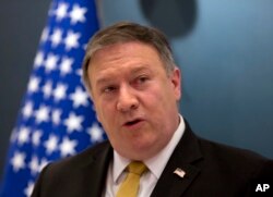 U.S. Secretary of State Mike Pompeo, speaks during a press conference with Saudi Arabia's Foreign Minister Adel al-Jubeir, at the Royal Terminal of King Khaled airport, in Riyadh, Saudi Arabia, April 29, 2018.