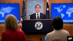 Secretary of State Antony Blinken speaks during a briefing at the State Department, Monday, August 2, 2021, in Washington. (Brendan Smialowski/Pool via AP)