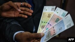 Zimbabwe Reserve Bank Governer John Mushayavanhu presents his monetary policy statement during which he announced the launch by the central bank of the ZiG (Zimbabwe Gold) a "structured currency" in Harare, April 5 2024 as the new money is an attempt to t