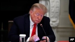 President Donald Trump looks at his phone during a roundtable with governors on the reopening of America's small businesses, in the State Dining Room of the White House, Thursday, June 18, 2020, in Washington. (AP Photo/Alex Brandon)